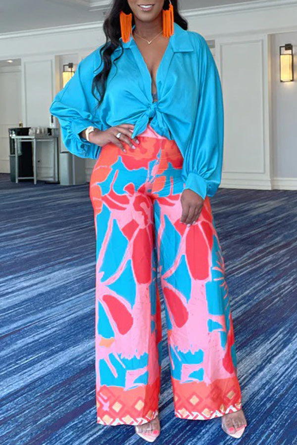 Fashion Satin Batwing Sleeve Blouse Flower Print Wide Leg Pant Suits