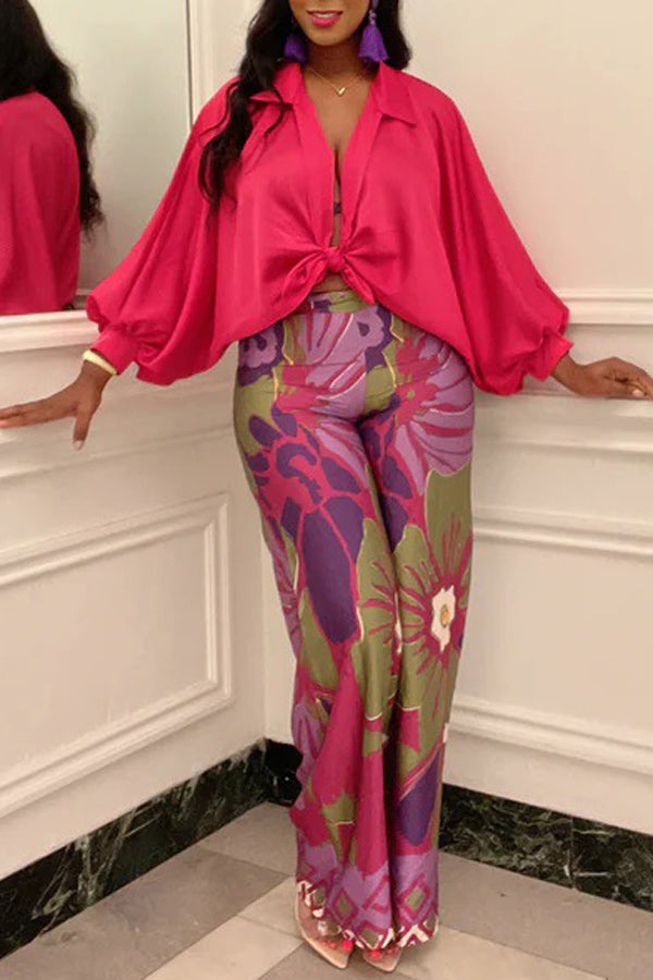 Fashion Satin Batwing Sleeve Blouse Flower Print Wide Leg Pant Suits