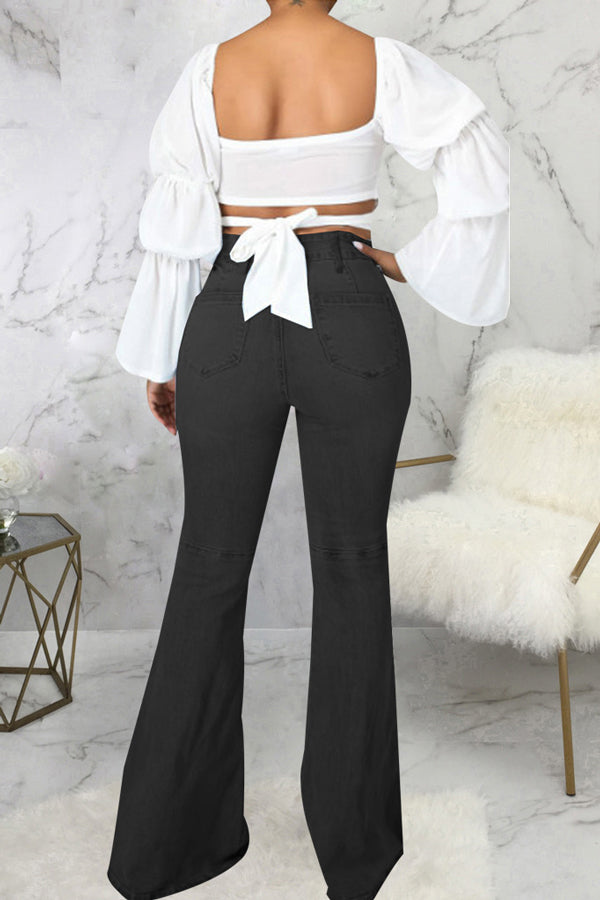 Temperament High Waist Solid Color Flared Jeans