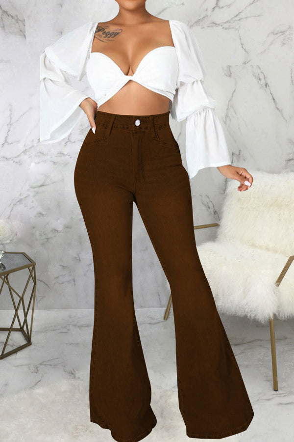 Temperament High Waist Solid Color Flared Jeans