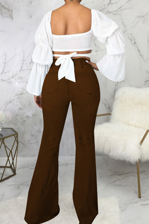 Temperament High Waist Solid Color Flared Jeans