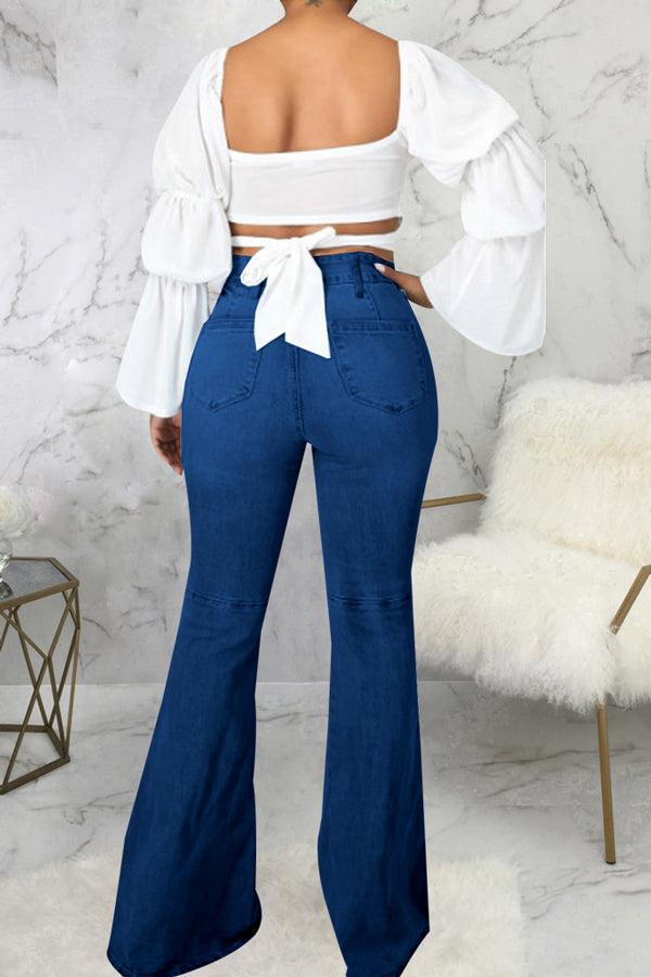 Temperament High Waist Solid Color Flared Jeans