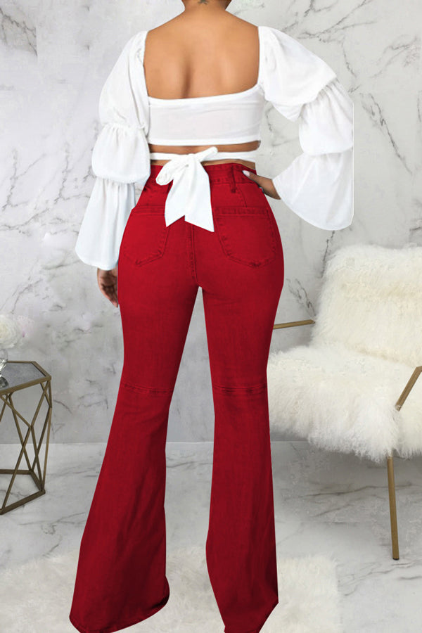 Temperament High Waist Solid Color Flared Jeans