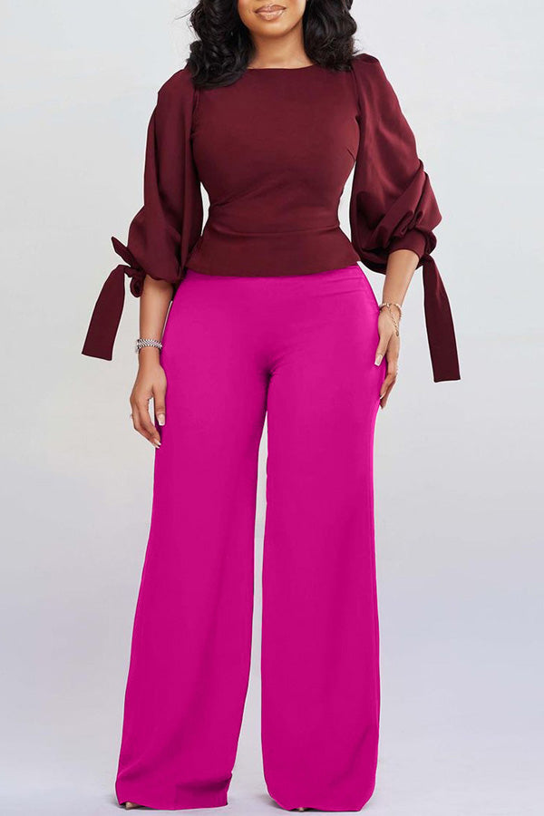 Commuter Knotted Half Sleeve Round Neck Solid Color Blouse Slim Fit Pant Suits