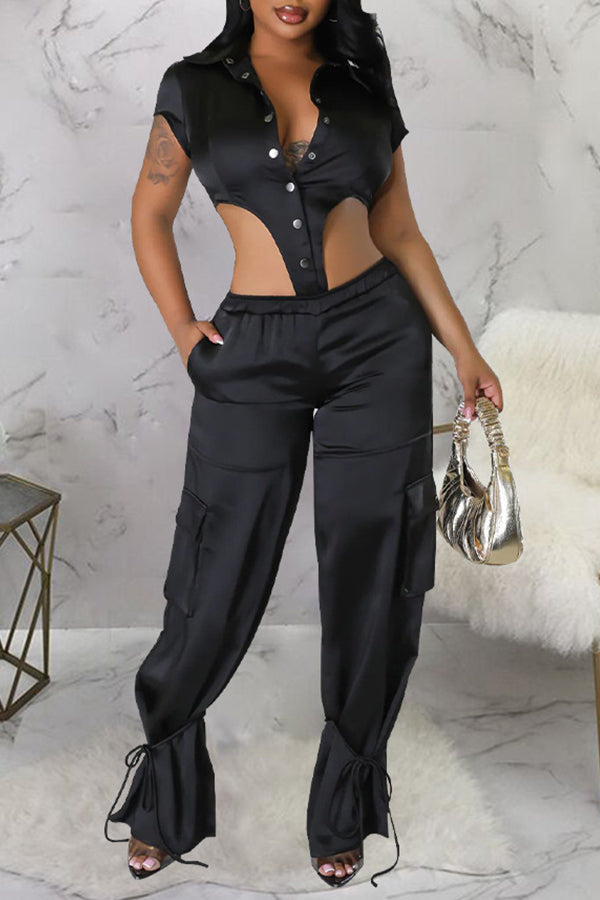 Personalized Satin Solid Color Short Sleeve bodysuit Wide-Leg Pant Suits