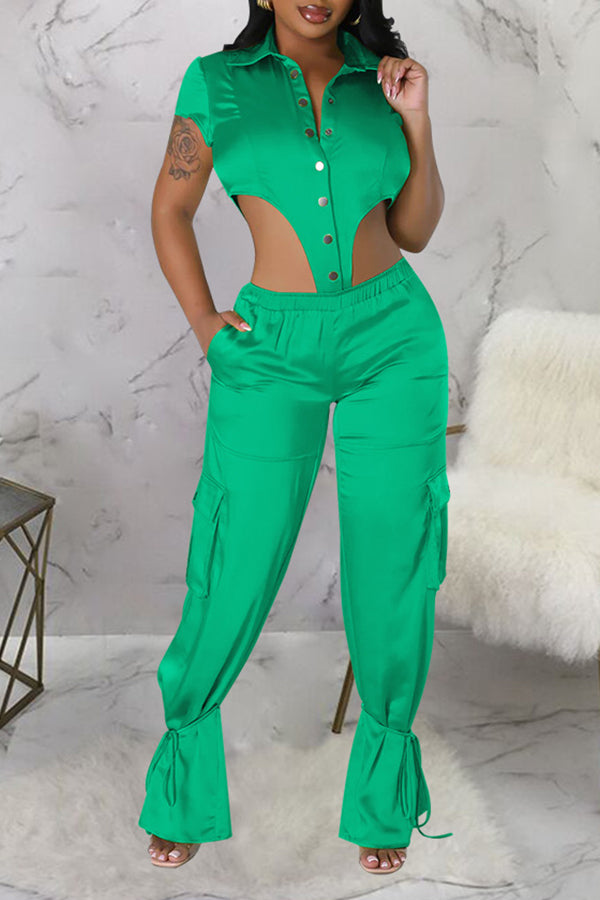 Personalized Satin Solid Color Short Sleeve bodysuit Wide-Leg Pant Suits