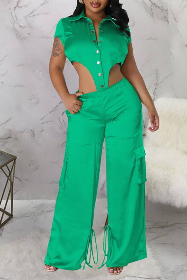 Personalized Satin Solid Color Short Sleeve bodysuit Wide-Leg Pant Suits