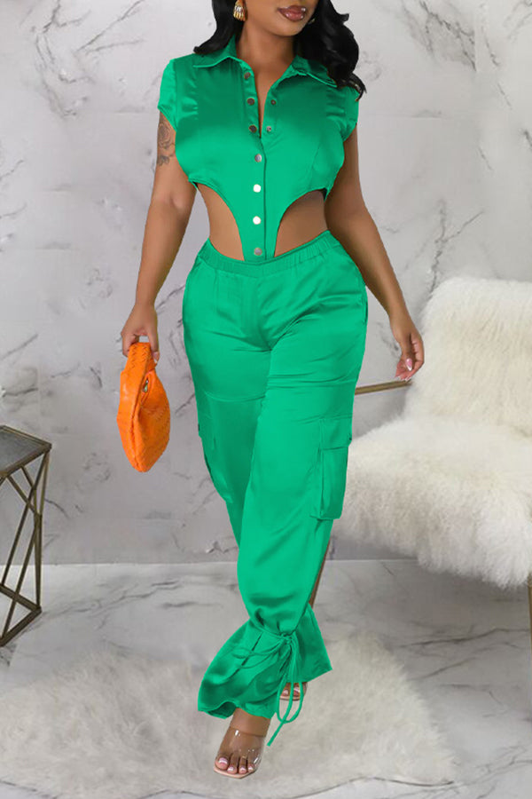 Personalized Satin Solid Color Short Sleeve bodysuit Wide-Leg Pant Suits