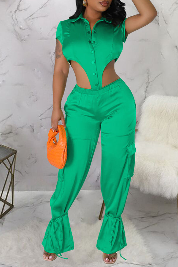 Personalized Satin Solid Color Short Sleeve bodysuit Wide-Leg Pant Suits