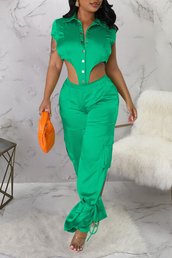 Personalized Satin Solid Color Short Sleeve bodysuit Wide-Leg Pant Suits