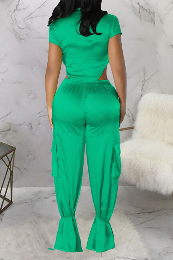 Personalized Satin Solid Color Short Sleeve bodysuit Wide-Leg Pant Suits