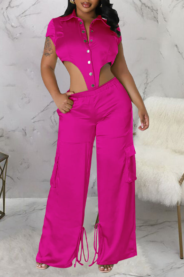 Personalized Satin Solid Color Short Sleeve bodysuit Wide-Leg Pant Suits