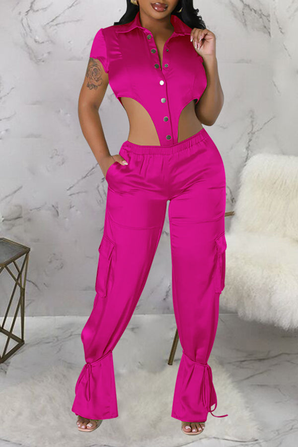 Personalized Satin Solid Color Short Sleeve bodysuit Wide-Leg Pant Suits