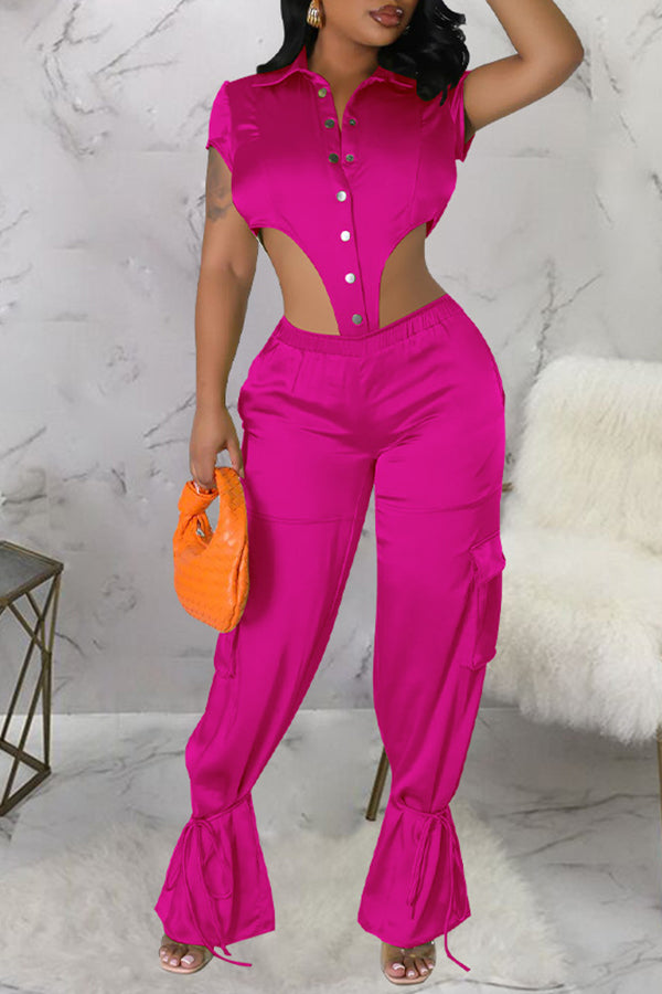 Personalized Satin Solid Color Short Sleeve bodysuit Wide-Leg Pant Suits