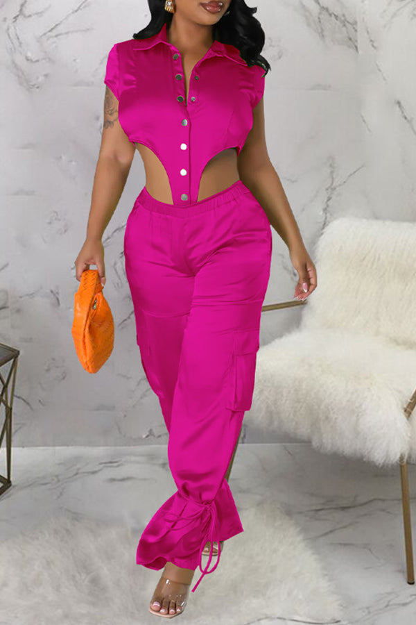 Personalized Satin Solid Color Short Sleeve bodysuit Wide-Leg Pant Suits