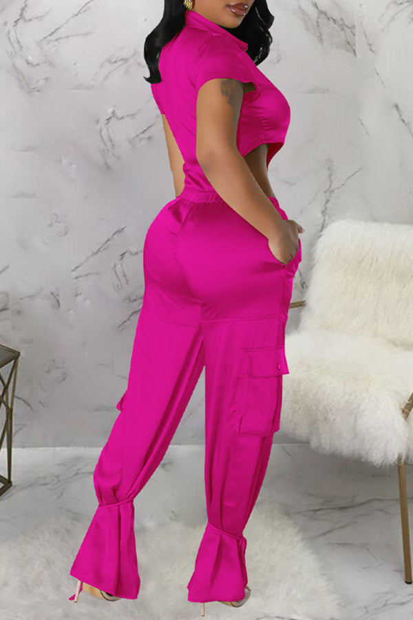 Personalized Satin Solid Color Short Sleeve bodysuit Wide-Leg Pant Suits