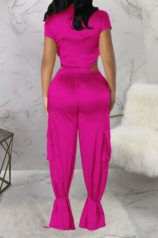 Personalized Satin Solid Color Short Sleeve bodysuit Wide-Leg Pant Suits