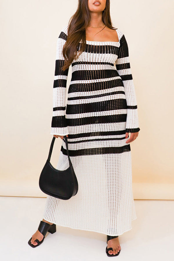 Fashion Color Striped Hollow Long Sleeve Square Neck Knit Maxi Dress