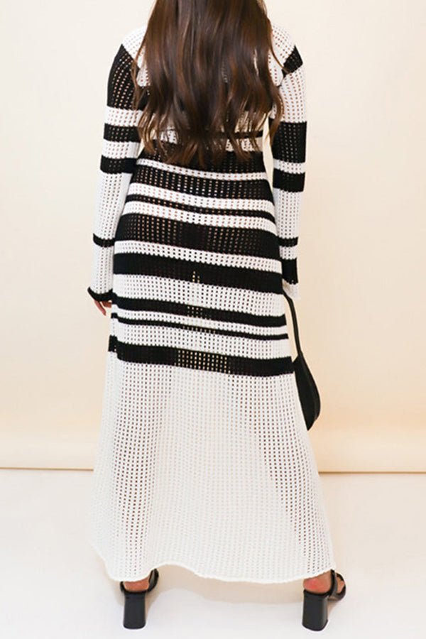 Fashion Color Striped Hollow Long Sleeve Square Neck Knit Maxi Dress