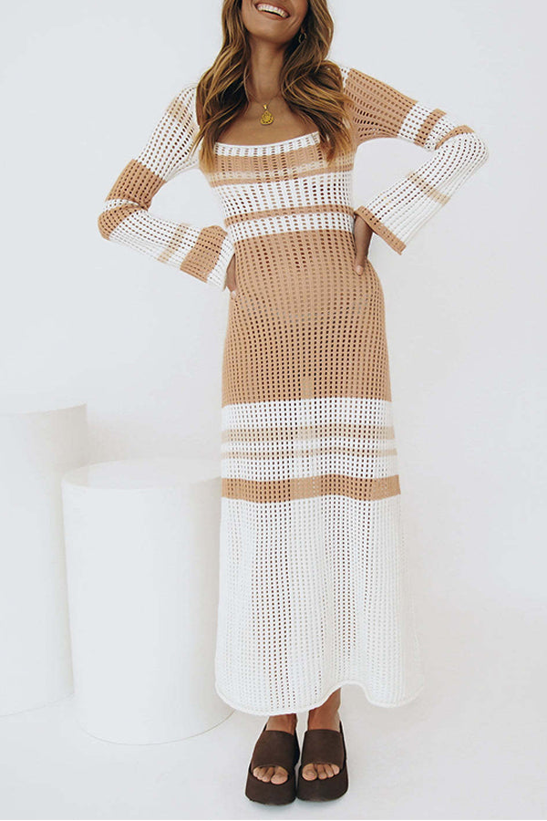 Fashion Color Striped Hollow Long Sleeve Square Neck Knit Maxi Dress