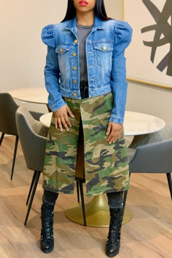  Fashion Casual Denim Jacket Panel Camouflage Hem Long Coat