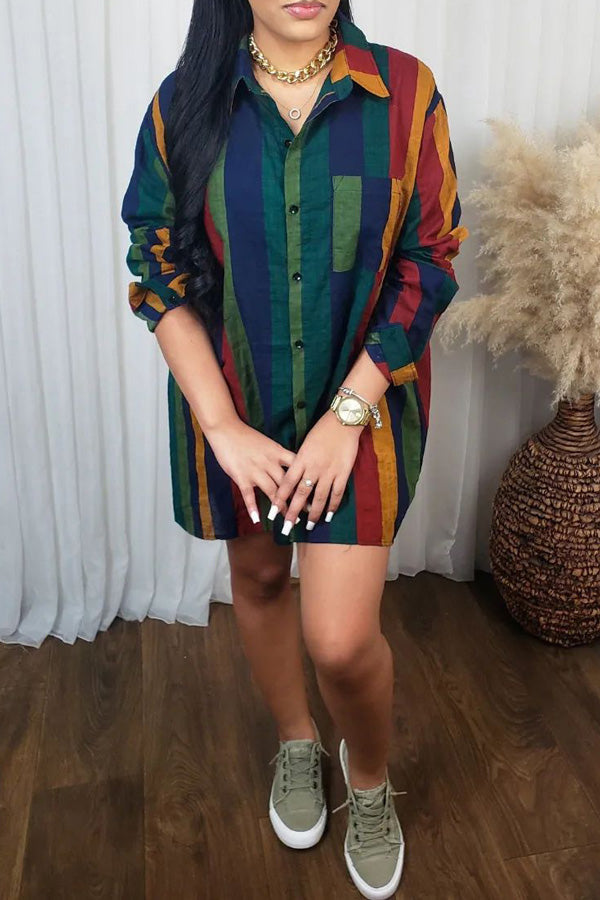  Fashion Stripe Print Loose Shirt Dress