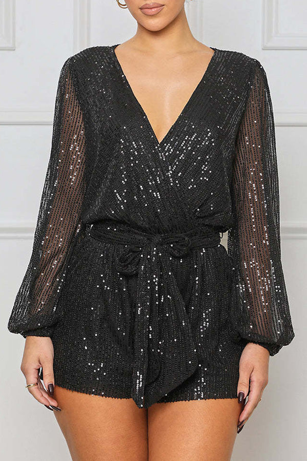  Fashion Sequin Mesh Long Sleeve V Neck Party Jumpsuit with Belt