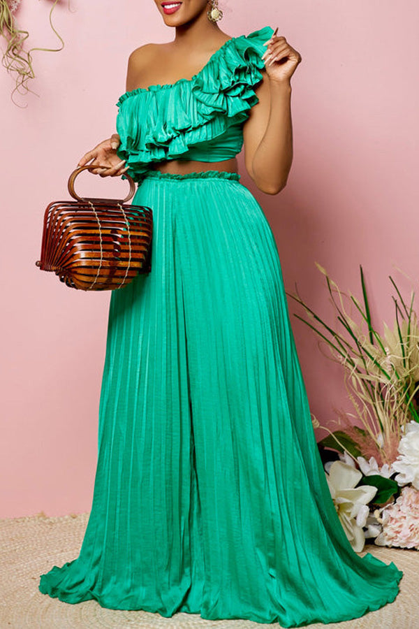  Fashion Slanted Shoulder Backless Ruffle Sexy Top Pleated Wide Leg Pants Set