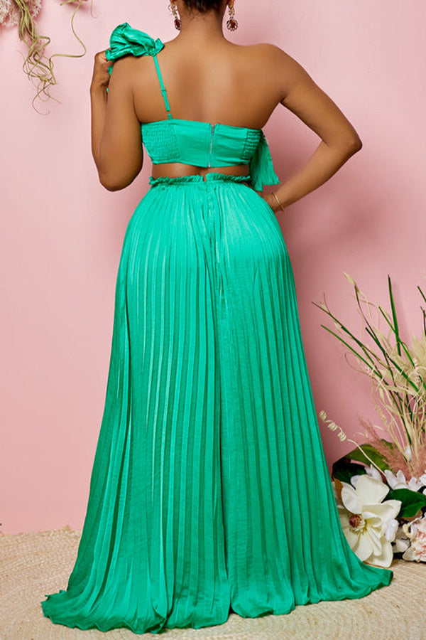  Fashion Slanted Shoulder Backless Ruffle Sexy Top Pleated Wide Leg Pants Set