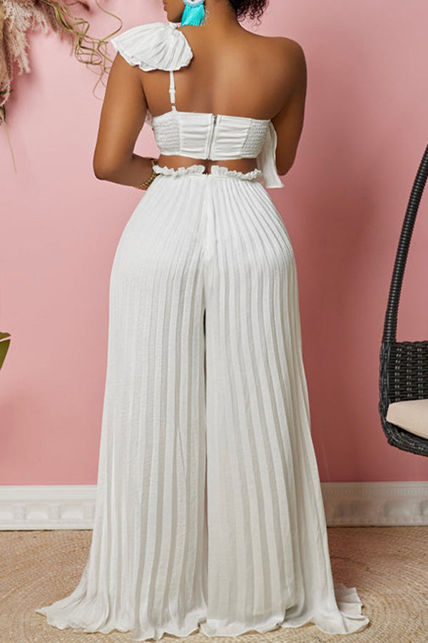  Fashion Slanted Shoulder Backless Ruffle Sexy Top Pleated Wide Leg Pants Set