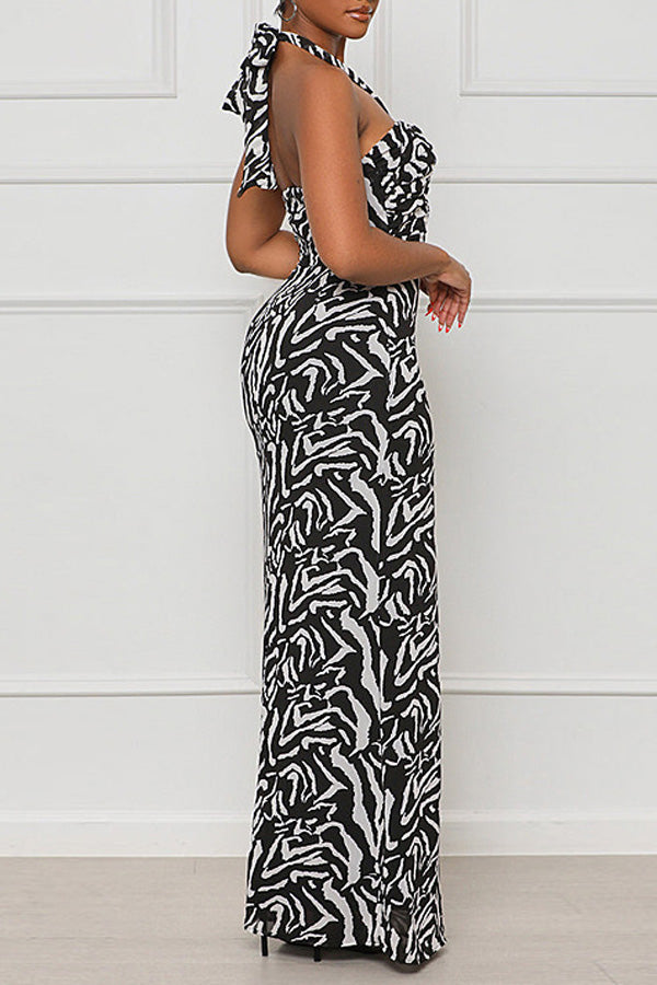  Sexy Backless Tight Knot Print Sleeveless Halter Neck Dress