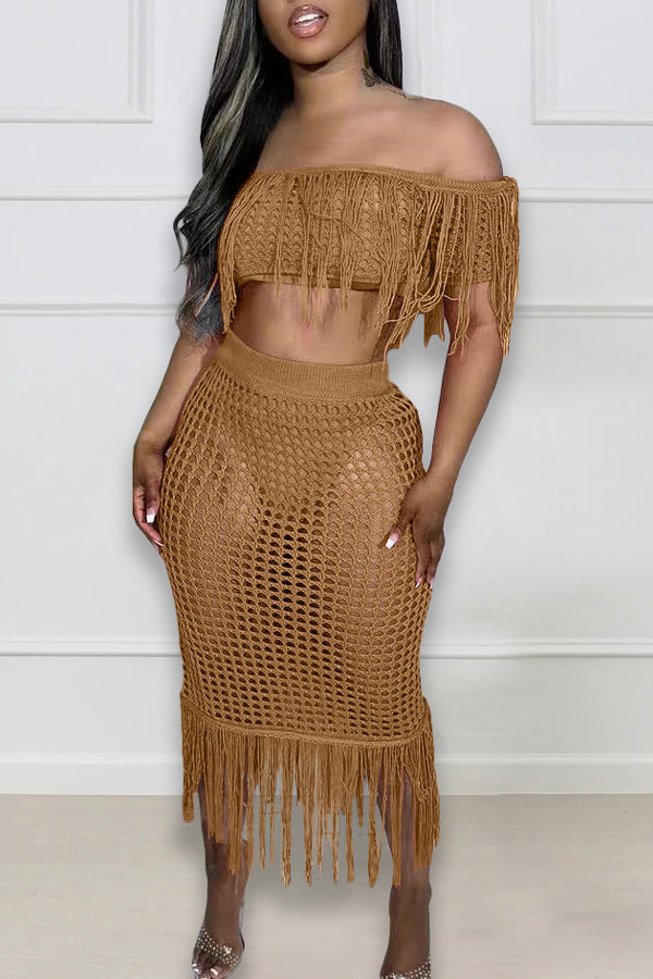 Sexy Perspective Knitted Hook Tassel Beach Suit